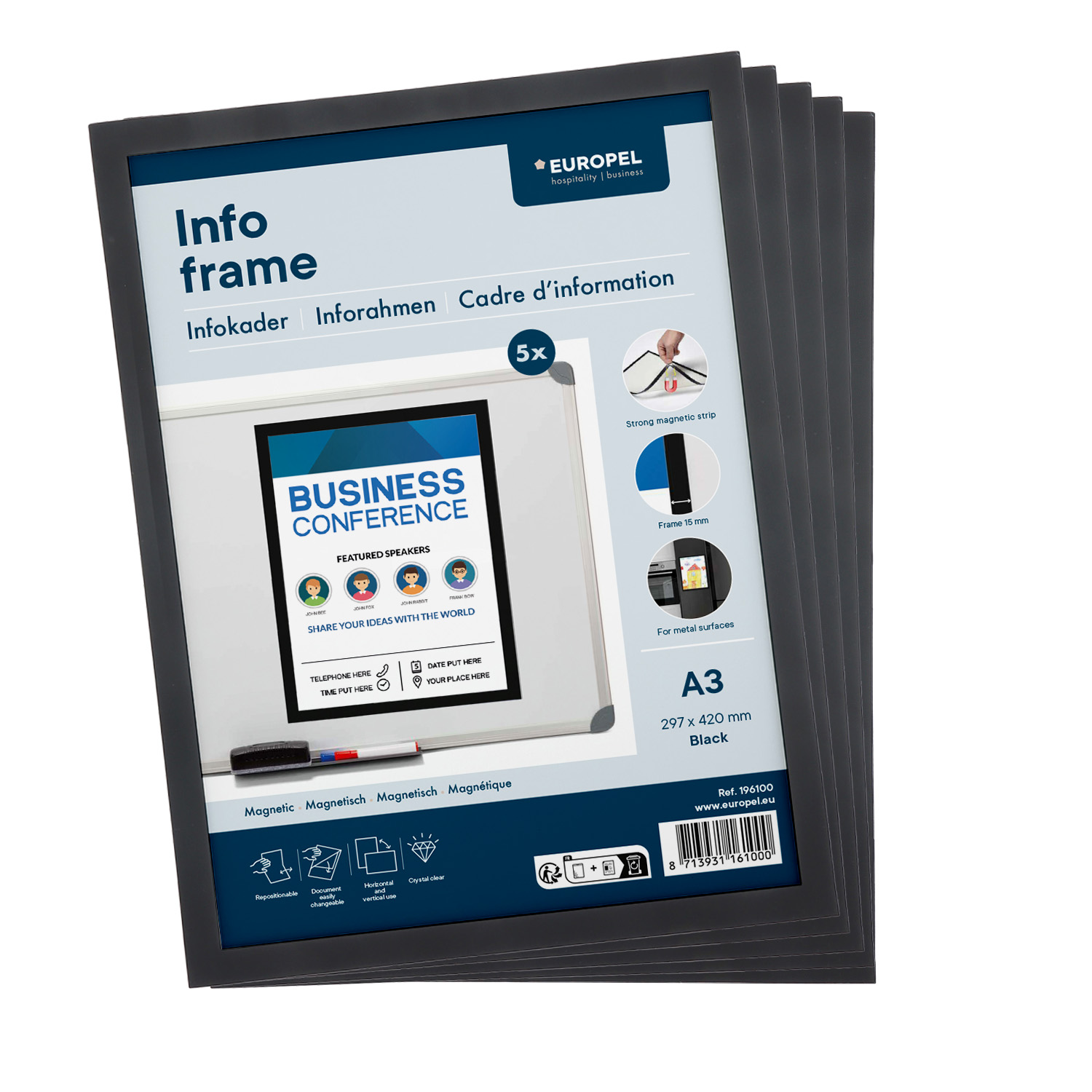 Europel Infokader Magnetisch set 5 stuks A3 Zwart