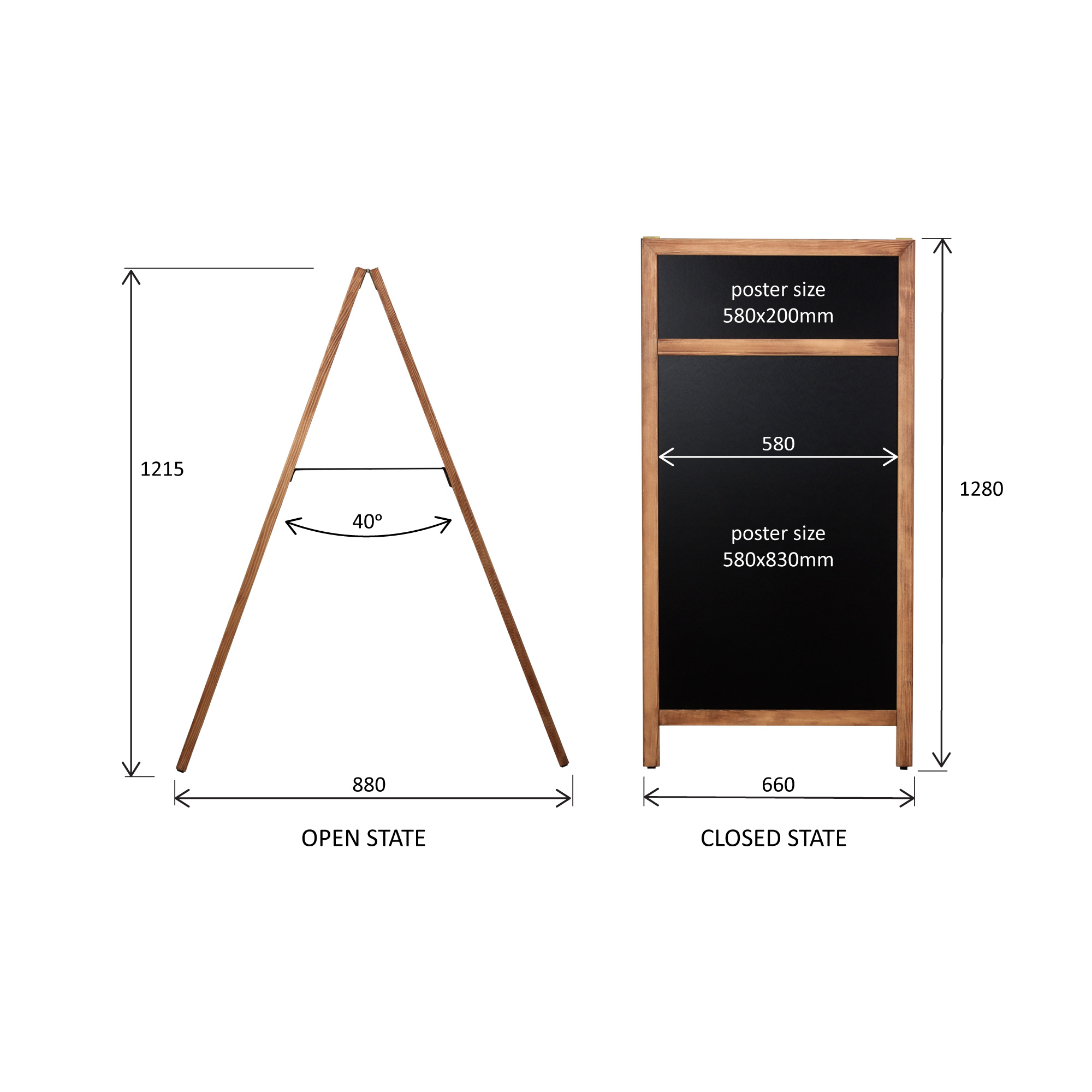 Krijt stoepbord Europel 660x1280 mm DELUX met topbord natural