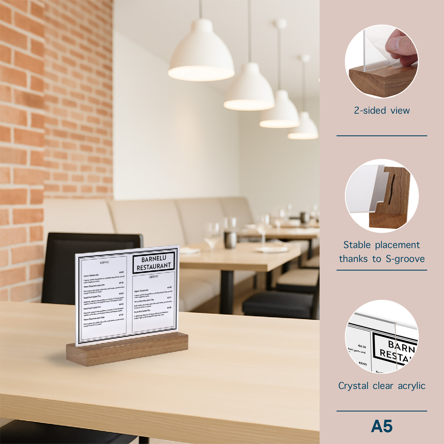 Europel Kaarthouder Acryl met Houten Voet A5 Horizontaal – Premium Presentatiehouder